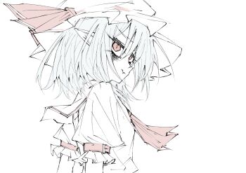 Rule 34 | 1girl, aizettonagi, ascot, fang, from side, hat, highres, medium hair, mob cap, muted color, pointy ears, profile, red ascot, red eyes, remilia scarlet, simple background, sleeve belt, solo, touhou, upper body, white background