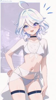 1girl absurdres ahoge bikini bilingual_commentary blue_eyes blue_hair breasts choker commentary cowboy_shot drop-shaped_pupils english_commentary eyes_visible_through_hair furina_(genshin_impact) genshin_impact hair_between_eyes hand_on_own_hip heterochromia highres looking_at_viewer mismatched_pupils mixed-language_commentary multi-strapped_bikini_bottom multicolored_hair navel neurotic_neko notice_lines open_mouth sarong see-through_clothes see-through_sarong see-through_shirt shirt short_hair small_breasts smile solo stomach swimsuit swimsuit_cover-up symbol-shaped_pupils thigh_strap tied_shirt white_hair