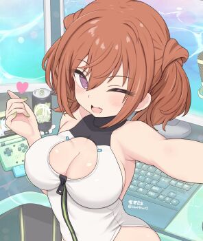 1girl alice_gear_aegis black_thighhighs breasts brown_hair can circle_cutout cleavage cleavage_cutout clothing_cutout companion/af covered_collarbone drink_can finger_heart front_zipper full-length_zipper game_boy_advance game_boy_advance_sp handheld_game_console heattech_leotard highleg highleg_leotard highres kimikage_yui leotard medium_breasts multicolored_leotard purple_eyes race_queen seseragi_(star4rats) smile solo thighhighs turtleneck twintails two-tone_leotard white_leotard zipper zipper_leotard zipper_pull_tab