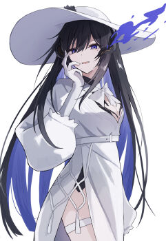 Rule 34 | 1girl, 961 kuru, blue fire, blue hair, bow, breasts, center opening, cleavage, commentary request, cowboy shot, demon girl, dress, fire, frilled dress, frills, gloves, gradient hair, grey hat, hair between eyes, hand on own cheek, hand on own face, hat, head tilt, highres, honkai: star rail, honkai (series), jewelry, large breasts, long hair, long sleeves, looking at viewer, mole, mole under eye, multicolored hair, open mouth, purple eyes, side slit, simple background, solo, standing, sun hat, the dahlia (honkai: star rail), thighlet, thighs, two-tone hair, upper body, white background, white dress, white gloves