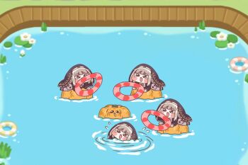 4girls black_veil blonde_hair blush brown_eyes commentary_request innertube intoushi multiple_girls open_mouth pond pumpkin speaki_(trickcal) swim_ring tearing_up tears trickcal veil