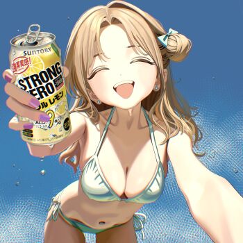 1girl bikini blue_sky breasts brown_hair cleavage closed_eyes commentary_request earrings facing_viewer hair_bun highres ichikawa_hinana idolmaster idolmaster_shiny_colors jewelry kingrun long_hair medium_breasts navel open_mouth side-tie_bikini_bottom single_side_bun sky smile solo strong_zero stud_earrings swimsuit