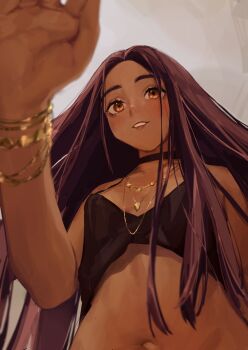 Rule 34 | 1girl, black choker, black shirt, blush, bracelet, breasts, brown hair, choker, crop top, dark-skinned female, dark skin, demi (nashidrop), gold bracelet, gold necklace, highres, incoming headpat, jewelry, long hair, looking at viewer, nashidrop, navel, necklace, original, parted lips, pov, pov adoring, shirt, small breasts, solo, stomach