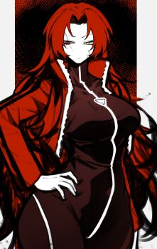 1girl absurdres black_bodysuit bodysuit breasts closed_mouth cowboy_shot gebura_(project_moon) hair_intakes hand_on_own_hip heterochromia highres large_breasts lobotomy_corporation long_hair looking_to_the_side project_moon red_eyes red_hair scar scar_across_eye scar_on_face shigezie solo very_long_hair yellow_eyes