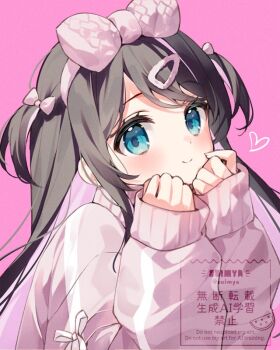 1girl black_hair blue_eyes blush bow_hairband closed_mouth commentary_request hairband hands_up heart kaga_nazuna long_hair long_sleeves looking_at_viewer pink_background pink_hairband pink_sweater simple_background smile solo suimya sweater two_side_up upper_body vspo! watermark