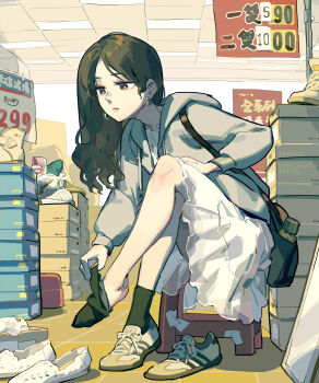 1girl black_eyes black_hair commentary_request earrings highres jacket jewelry long_hair office_lady_taiwan open_clothes open_jacket removing_sock shoes sitting skirt solo tennohi unworn_shoes