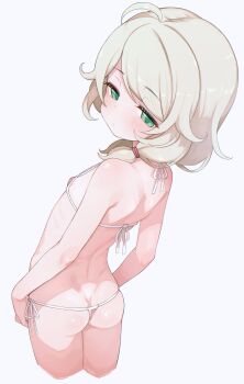 1girl ahoge ass back bikini blonde_hair blush butt_crack closed_mouth cropped_legs flat_chest from_behind green_eyes idolmaster idolmaster_cinderella_girls komodj loli looking_at_viewer looking_back low_twintails micro_bikini side-tie_bikini_bottom simple_background solo swimsuit twintails webp-to-png_conversion white_background white_bikini yusa_kozue
