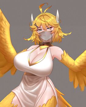 1girl anger_vein angry antenna_hair bare_shoulders bird_legs bird_tail blonde_hair blush breasts cipher4109 cleavage commentary dokibird fang fang_out feather_hair feather_hair_ornament feathered_wings feathers gem green_eyes grey_background hair_between_eyes hair_flaps hair_ornament hairclip harpy highres indie_virtual_youtuber large_breasts monster_girl purple_gem red_gemstone robe see-through_clothes sidelocks skin_fang slit_pupils solo tail thick_thighs thighs v-shaped_eyebrows veil virtual_youtuber white_robe winged_arms wings yellow_feathers