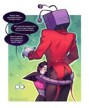 Rule 34 | 2boys, ant tenna, battery indicator, black hair, black pants, border, closed eyes, commentary, crt, deltarune, english commentary, english text, gloves, grabbing another's ass, groping, highres, hug, humanoid robot, livray25, male focus, mechanical arms, mettaton, mettaton ex, multiple boys, object head, outline, outside border, pants, radio antenna, robot, short hair, size difference, tailcoat, tumblr username, undertale, utdr (toby fox), white border, white gloves, yaoi