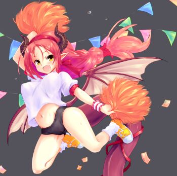 1girl arm_up black_buruma bouncing_breasts braid breasts brown_eyes buruma cameltoe commentary_request confetti covered_erect_nipples dragon_girl dragon_horns dragon_tail dragon_wings fang full_body grey_background groin gym_uniform headband horns iris_mysteria! jumping legs legs_up long_hair long_tail low-tied_long_hair low_wings midriff navel nibokku open_mouth pink_hair pointy_ears pom_pom_(cheerleading) ponytail ribbon sharon_oliva shirt shoes simple_background smile sneakers socks tail tail_ornament tail_ribbon very_long_hair white_footwear white_shirt wings yellow_shoes