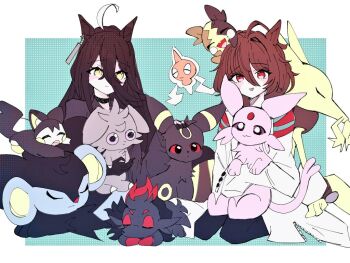 2girls agnes_tachyon_(tach-nology)_(umamusume) agnes_tachyon_(umamusume) ahoge alakazam animal_ears black_choker black_gloves choker closed_mouth coat dailytachycafe ear_ornament ear_tag earrings emolga espeon espurr gen_1_pokemon gen_2_pokemon gen_4_pokemon gen_5_pokemon gen_6_pokemon gen_8_pokemon gloves hair_between_eyes horse_ears horse_girl jewelry lab_coat long_hair long_hair_between_eyes long_sleeves luxray manhattan_cafe_(umamusume) morpeko morpeko_(full) multicolored_hair multiple_girls nintendo open_mouth pokemon pokemon_(creature) red_eyes rotom rotom_(normal) seiza short_hair single_earring sitting sleeves_past_fingers sleeves_past_wrists smile umamusume umbreon very_long_hair white_coat white_hair yellow_eyes zorua
