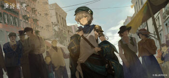 3girls 5boys armor bag black_pants blonde_hair blue_coat blue_neckerchief blue_sky brown_bag brume_(reverse:1999) building coat copyright_name copyright_notice cowboy_shot day dutch_angle flower green_hat hair_flower hair_ornament hand_up hat highres holding_strap logo looking_at_viewer multiple_boys multiple_girls neckerchief newsboy_cap no_eyes off_shoulder official_art official_wallpaper open_clothes open_coat outdoors pants parted_lips people reverse:1999 short_hair shoulder_armor shoulder_bag single_bare_shoulder sky solo_focus tank_top white_flower white_tank_top yellow_eyes