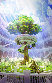 absurdres architecture baluster bookshelf chair column commentary_request concept_art day fantasy hanging_lantern highres library light_rays no_humans original pillar rei_(lappy_mofumofu) scenery stairs sunbeam sunlight tree