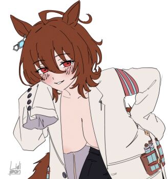 1girl absurdres agnes_tachyon_(umamusume) ahoge alternate_breast_size_(larger) animal_ears bent_over blush breasts brown_hair coat commentary commission earrings empty_eyes english_commentary flat_color hair_between_eyes hand_on_own_cheek hand_on_own_face hand_on_own_hip hand_up highres horse_ears horse_girl horse_tail inverted_nipples jewelry lab_coat large_breasts lidipon long_sleeves medium_hair nipple_slip nipples no_bra open_clothes open_coat parted_lips red_eyes seductive_smile simple_background single_inverted_nipple sleeves_past_fingers sleeves_past_wrists smile solo tail test_tube umamusume upper_body white_background white_coat