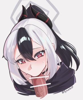 1boy 1girl bar_censor black_choker black_hair black_shirt blue_archive blush censored choker commentary fellatio hair_between_eyes halo hetero highres horns kayoko_(blue_archive) long_hair oral penis red_eyes ryyr7242 shirt sidelocks simple_background white_background white_hair