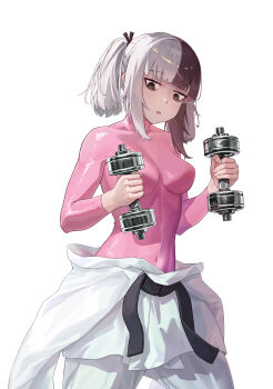 1girl bellybutton_visible_through_clothes belt black_belt black_eyes black_hair black_ribbon breasts compression_shirt dougi dumbbell hair_ribbon hands_up highres iqwe isshou_senkin karate_gi long_hair looking_down multicolored_hair open_mouth pants pink_shirt ribbon shirt simple_background solo turtleneck turtleneck_shirt twintails two-tone_hair white_background white_hair white_pants yukihira_sara