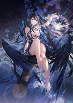 1girl arm_up artist_name atdan bare_legs bare_shoulders barefoot bird black_hair blue_dress blue_eyes blue_hair breasts breasts_apart crow dress feathered_wings feet full_body highres in_tree large_breasts long_hair looking_at_viewer multicolored_hair original parted_lips revision sitting sitting_in_tree soles solo streaked_hair toes tree very_long_hair wings