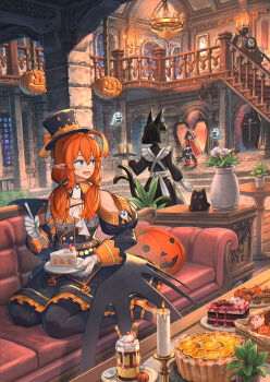 3girls :d ahoge animal_ears axe black_dress black_pantyhose blue_eyes cake candle candlestand chandelier coffin couch dark-skinned_female dark_skin dress eating extra_tails food fork ghost gloves halloween hat highres holding holding_fork holding_tray indoors jack-o&#039;-lantern low_wings maid maid_headdress medium_hair multiple_girls nagi_itsuki on_couch open_mouth orange_hair original pantyhose plant pointy_ears potted_plant scythe sitting smile stairs top_hat tray vase white_gloves wings