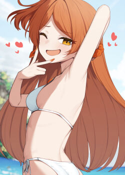 Rule 34 | 1girl, arm behind head, beach, bikini, binsen, blurry, blurry background, breasts, commentary request, day, earrings, fingernails, from behind, hand up, heart, highres, hoop earrings, idolmaster, idolmaster million live!, jewelry, long hair, looking at viewer, looking back, nail polish, ogami tamaki, one eye closed, one side up, open mouth, orange eyes, orange hair, orange nails, orange scrunchie, outdoors, scrunchie, side-tie bikini bottom, smile, solo, standing, swimsuit, upper body, v, v over mouth, white bikini, wrist scrunchie