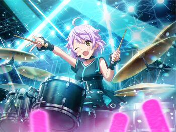 1girl ahoge bang_dream! black_dress blush cosplay dress drum drum_set drumsticks game_cg glowstick headset holding holding_drumsticks instrument looking_at_viewer official_art one_eye_covered open_mouth otonashi_ichie penlight_(glowstick) pink_hair sato_masuki sato_masuki_(cosplay) short_hair shoujo_kageki_revue_starlight shoujo_kageki_revue_starlight_-re_live- solo stage_lights upper_body yellow_eyes