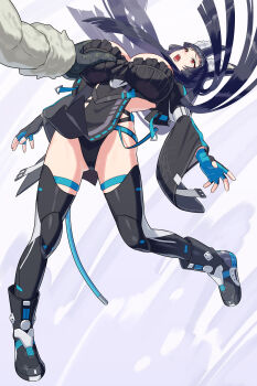 1girl animal_ear_fluff animal_ears black_dress black_thighhighs blush boots breasts creature defeat dress fingerless_gloves fox_ears fox_girl frilled_dress frills gloves grabbing_another&#039;s_breast groping highres large_breasts long_hair open_mouth original pelvic_curtain phantasy_star phantasy_star_online_2 red_eyes thigh_boots thighhighs wide_sleeves yagi2013