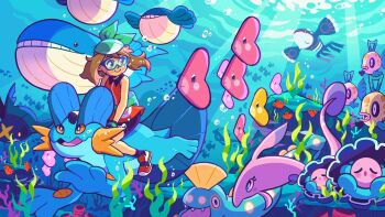 alternate_color brown_hair bubble clamperl commentary coral day english_commentary feebas gen_1_pokemon gen_3_pokemon goggles gorebyss green_headwear huntail kyogre legendary_pokemon light_rays luvdisc magikarp may_(pokemon) milotic nintendo orange_shirt pokemon pokemon_(creature) pokemon_emerald pokemon_rse seaweed sharpedo shiny_and_normal shiny_pokemon shirt sleeveless sleeveless_shirt sunbeam sunlight swampert tonestarr underwater wailmer wailord water