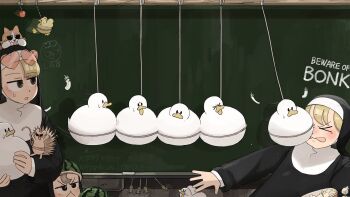 >_< 3girls bird blonde_hair brown_hair bug cat chalkboard chicken clumsy_nun_(diva) commentary diva_(hyxpk) duck english_commentary eyewear_on_head food froggy_nun_(diva) fruit habit hanging heart heart-shaped_eyewear hedgehog highres little_nuns_(diva) multiple_girls newton's_cradle nun physics popcorn red-tinted_eyewear slice_of_life spicy_nun_(diva) spider tinted_eyewear traditional_nun watermelon