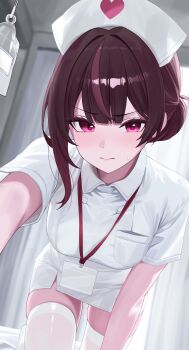 1girl 3: absurdres breast_pocket closed_mouth collared_dress commentary_request dress frown hat heart highres id_card jururu korean_commentary long_hair looking_at_viewer multicolored_hair nurse nurse_cap pocket purple_eyes purple_hair sei_(0724sei6) short_sleeves skindentation solo streaked_hair sweatdrop thighhighs v-shaped_eyebrows virtual_youtuber waktaverse white_dress white_hat white_thighhighs zettai_ryouiki