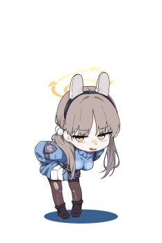 1girl 686panda absurdres black_boots blue_archive blue_skirt blue_sweater boots breasts brown_eyes brown_hair brown_pantyhose chibi colored_shadow full_body halo headgear highres large_breasts leaning_forward long_hair long_sleeves low_twintails moe_(blue_archive) no_eyewear pantyhose pleated_skirt puffy_long_sleeves puffy_sleeves shadow simple_background skirt solo standing sweater torn_clothes torn_pantyhose turtleneck turtleneck_sweater twintails very_long_hair white_background