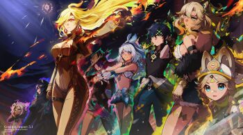 2boys 6+girls :d :| absurdres ahoge animal_ears animal_skull bandana bandana_around_neck bare_back bare_shoulders biker_clothes bikesuit black_bodysuit black_gloves black_hat black_headband black_shirt blonde_hair blue_eyes blue_hair blue_hairband blue_pants blue_shorts blue_skirt bodysuit braid breasts chasca_(genshin_impact) chinchilla_ears cleavage closed_mouth commentary_request crop_top cutoffs denim denim_shorts diamond-shaped_pupils diamond_(shape) earrings fingerless_gloves fire floating_hair fur-trimmed_mittens fur_trim genshin_impact gloves glowing green_bandana green_eyes hair_over_one_eye hairband hand_on_headwear hat headband highres iansan_(genshin_impact) interlocked_fingers jaguar_ears jewelry kachina_(genshin_impact) kinich_(genshin_impact) large_breasts long_hair long_sleeves making-of_available mavuika_(genshin_impact) medium_hair mittens mualani_(genshin_impact) multicolored_hair multiple_boys multiple_girls muri_(pan&#039;ichi_murimuri_geinin) navel open_mouth orange_hair orange_visor ororon_(genshin_impact) outstretched_arm pants pointy_ears pyrokinesis red_eyes red_hair shirt short_shorts shorts skirt smile standing stomach symbol-shaped_pupils two-tone_gloves very_long_hair white_gloves white_hair xilonen_(genshin_impact)