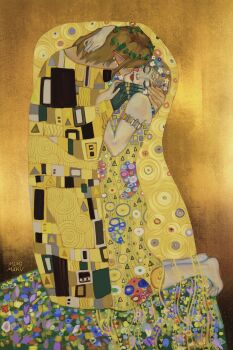 Rule 34 | 1boy, 1girl, armlet, barefoot, brown hair, earrings, fine art parody, gustav klimt (style), hetero, highres, jewelry, kiss, link, lipstick, makeup, mimimaru, multiple earrings, multiple rings, nintendo, parody, pointy ears, princess zelda, ring, robe, the kiss, the legend of zelda, the legend of zelda: tears of the kingdom