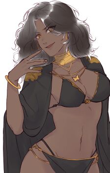 1girl absurdres ancient_egyptian_clothes bikini black_bikini black_hair bracelet breasts cleavage dark-skinned_female dark_skin earrings evil_smile eyebrows_hidden_by_hair gloves harem_outfit highres jewelry large_breasts looking_at_viewer medium_hair navel open_mouth original otrvv_5 simple_background smile solo swimsuit thong wavy_hair whale_tail_(clothing) white_background white_gloves yellow_eyes zara_(original_character)