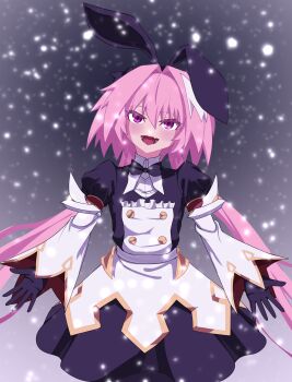1boy absurdres astolfo_(fate) astolfo_(saber)_(fate) astolfo_(saber)_(third_ascension)_(fate) black_dress black_gloves blush bow bowtie darkkin dress fate/grand_order fate_(series) gloves gold_trim hair_bow hair_intakes hair_ribbon highres juliet_sleeves layered_skirt long_hair long_sleeves looking_at_viewer low_twintails multicolored_hair open_mouth pink_hair puffy_sleeves purple_eyes ribbon skirt smile snow solo streaked_hair twintails white_hair white_skirt wide_sleeves
