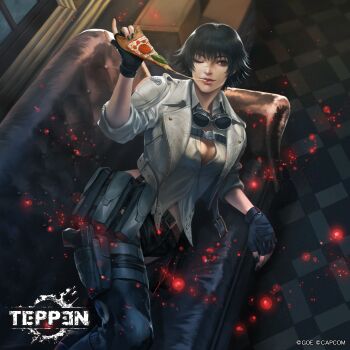 1girl black_gloves black_hair black_nails black_shorts capcom copyright_name couch devil_may_cry_(series) devil_may_cry_5 eating fingerless_gloves food gloves goggles goggles_around_neck highres holding holding_food holding_pizza jacket lady_(devil_may_cry) lying midriff_peek nail_polish official_art on_couch one_eye_closed pizza pizza_slice red_eyes scar scar_on_face scar_on_nose shirt shiyuu_(shiyu) shorts teppen white_jacket white_shirt