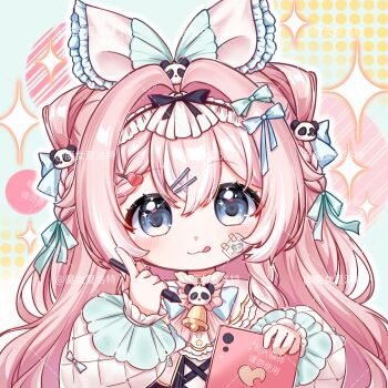 1girl :3 :p artist_name bell blue_bow blue_bowtie blue_eyes blush bow bowtie braid chibi chibi_only closed_mouth double-parted_bangs frilled_sleeves frills green_bow hair_between_eyes hair_bow hair_intakes hair_ornament hairclip heart heart-shaped_pupils highres holding holding_stylus holding_tablet_pc long_hair long_sleeves looking_at_viewer monu_xialuote neck_bell original parallel_hairclips pink_hair pink_shirt portrait shirt smile solo sparkle stylus symbol-shaped_pupils tablet_pc tongue tongue_out watermark watermark_grid
