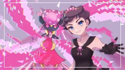 1girl aroma_0404 blue_eyes brown_hair collarbone commentary_request diancie diantha_(pokemon) diantha_(sygna_suit)_(pokemon) dress earrings eyelashes framed gen_6_pokemon gloves grey_background hairband highres jewelry legendary_pokemon looking_at_viewer mega_diancie mega_pokemon mythical_pokemon nintendo official_alternate_costume parted_lips pokemon pokemon_(creature) pokemon_masters_ex short_hair sleeveless sleeveless_dress smile upper_body yellow_hairband