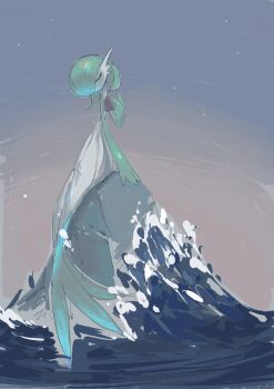 1girl absurdres arm_at_side blue_background bob_cut closed_eyes colored_skin female_focus flat_chest full_body gardevoir gen_3_pokemon gradient_background green_hair green_skin hair_over_one_eye hand_up head_tilt highres multicolored_skin nintendo no_mouth one_eye_covered pokemon pokemon_(creature) short_hair sketch sok_(mr14_c) solo two-tone_skin u_u water white_skin