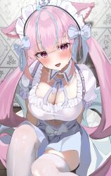 Rule 34 | 1girl, absurdres, ahoge, alternate costume, animal ear fluff, blue hair, blue skirt, blush, bow, bowtie, breasts, cleavage, detached collar, feet out of frame, frilled shirt, frills, highres, hololive, kemonomimi mode, large breasts, long hair, looking at viewer, maid headdress, minato aqua, miniskirt, multicolored hair, nekoi (nekoi 0116), open mouth, over-kneehighs, pink eyes, pink hair, purple bow, purple bowtie, scoop neck, shirt, short sleeves, sitting, skirt, smile, solo, streaked hair, sweat, thighhighs, twintails, very long hair, virtual youtuber, wing collar