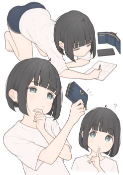 1girl 1ssakawaguchi ? absurdres ahoge ass black_hair blush bob_cut closed_eyes closed_mouth denim denim_shorts dolphin_shorts grey_eyes hand_on_own_chin highres holding holding_pen ichika_(1ssakawaguchi) index_finger_raised multiple_views notebook original pen shirt short_hair short_shorts short_sleeves shorts simple_background smile t-shirt thinking white_background white_shirt