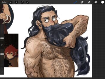 1boy abs art_program_in_frame back_hair bara beard brown_hair camaragon dungeon_meshi dwarf facial_hair fake_horns full_beard grabbing_facial_hair hairy helmet highres horned_helmet horns long_beard male_focus mustache navel_hair nipple_hair nipples nude pectorals reference_inset screenshot_inset senshi_(dungeon_meshi) sideways_glance solo stomach strongman_waist thick_arm_hair thick_beard thick_chest_hair thick_eyebrows thick_mustache thick_navel_hair upper_body very_hairy very_long_beard
