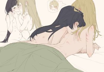2girls absurdres astra_yao bite_mark bite_mark_on_back bite_mark_on_breast bite_mark_on_neck bite_mark_on_stomach black_hair blonde_hair bluhbold blush closed_eyes commentary ear_blush english_commentary evelyn_chevalier hair_down hickey highres kissing_back long_hair multiple_girls smile under_covers yuri zenless_zone_zero