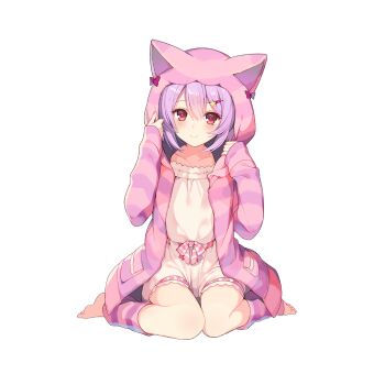 1girl animal_hood capelet cat_hood collarbone commentary_request flat_chest hair_ornament hairclip hood hooded_capelet leg_warmers mayachi_(amuriya) melo_(uchihime) pink_capelet pink_leg_warmers purple_capelet purple_hair purple_leg_warmers red_eyes shirt short_hair short_twintails shorts sitting striped_capelet striped_leg_warmers twintails uchi_no_hime-sama_ga_ichiban_kawaii wariza white_shirt white_shorts