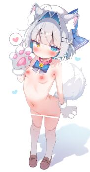 1girl :&lt; absurdres animal_ear_fluff animal_ears animal_hands bar_censor bell belt_collar blue_bow blue_bowtie blue_eyes blue_hair blush bow bowtie breasts brown_shoes censored closed_mouth collar colored_inner_hair commentary_request gloves grey_hair hair_intakes hair_ornament hairclip hat heart heterochromia highres jingle_bell komugi-chan_(komugi) komugi_(2212) loli looking_at_viewer multicolored_hair navel neck_bell nipples original parallel_hairclips partial_commentary paw_gloves red_collar shoes short_hair simple_background small_breasts solo speech_bubble spoken_heart standing tail thighhighs two-tone_hair white_background white_hat white_thighhighs wolf_ears wolf_girl wolf_tail yellow_eyes