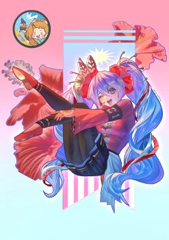 1girl :d ;d alternate_costume armband black_armband black_pantyhose black_skirt blue_eyes blue_hair butterfly_hair_ornament catnip_cataria costume_request flower full_body hair_flower hair_ornament hatsune_miku headset highres knees_up looking_at_viewer microphone numbered one_eye_closed open_mouth outstretched_arms outstretched_leg pantyhose poppy_(flower) red_shirt red_slippers shirt skirt slippers smile solo twintails vocaloid wide_sleeves worldwide_miku