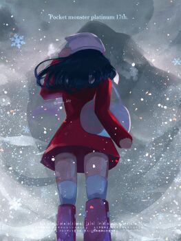 1girl absurdres bag beanie black_hair boots coat dawn_(pokemon) duffel_bag english_text from_behind from_below hat highres long_hair mountain nintendo outdoors pink_boots pokemon pokemon_dppt pokemon_platinum red_coat snow snowflakes solo star_dr0p thighhighs white_hat white_thighhighs winter_clothes winter_coat