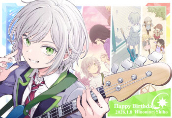 4girls age_progression aged_down backpack bag black_hair blonde_hair blue_hoodie border brown_hair brown_jacket character_name closed_eyes collared_shirt commentary_request dated denim denim_jacket diagonal-striped_clothes diagonal-striped_necktie dress english_text facing_away green_eyes grey_hair grin happy_birthday highres hinomori_shiho holding_hands hood hoodie hoshino_ichika_(project_sekai) jacket leo/need_(project_sekai) long_hair looking_at_viewer mochizuki_honami multiple_girls necktie open_mouth pink_dress project_sekai purple_shirt red_necktie shirt short_hair smile striped_clothes sunset t-shirt tenma_saki twintails upper_body white_necktie white_shirt window yuma727272