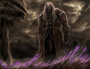 1boy absurdres brown_coat cloud cloudy_sky coat commentary_request erlking_heathcliff_(project_moon) fence flower hen_na highres holding holding_weapon korean_commentary limbus_company male_focus mask night on_grass outdoors project_moon purple_flower rabbit_mask rain sky spoilers standing thunder thunderstorm tree violet_(flower) weapon