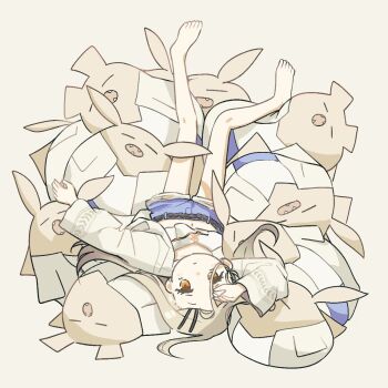 1girl barefoot belt black_belt blonde_hair blue_shorts camisole commentary_request denim denim_shorts flipped_hair gakuen_idolmaster hair_ornament hair_spread_out hairclip hand_on_own_head ichimiya_(yuzuyuzu) idolmaster legs_up long_hair long_sleeves looking_at_viewer lying midriff on_back open_clothes open_robe orange_eyes parallel_hairclips partial_commentary robe rope_belt shinosawa_hiro short_shorts shorts simple_background solo stuffed_toy upside-down white_background white_camisole white_robe