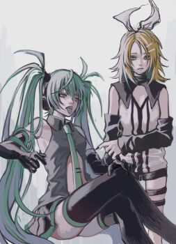 2girls aqua_eyes aqua_hair aqua_necktie aqua_trim bare_shoulders black_gloves black_nails black_skirt black_thighhighs blonde_hair blue_eyes blue_hair bow cleavage_cutout clothing_cutout crossed_legs detached_sleeves elbow_gloves gloves grey_shirt hair_between_eyes hair_bow hair_ornament hairclip hand_on_own_knee hatsune_miku highres holding_own_arm invisible_chair kagamine_rin long_hair midriff multicolored_tongue multiple_girls necktie partially_unbuttoned pleated_skirt scowl shirt short_hair shorts simple_background sitting skirt sleeveless thigh_strap thighhighs tie_clip tongue tongue_out twintails very_long_hair vocaloid white_background y168y_iro