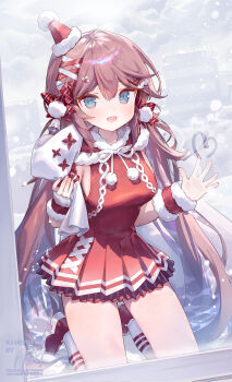 1girl :d ainy artist_name blue_eyes blush bow breasts brown_hair christmas commentary cowboy_shot double-parted_bangs dress hair_between_eyes hair_bow hat highres holding holding_sack kneeling large_breasts long_hair looking_at_viewer mini_hat open_mouth original pleated_dress red_bow red_hat red_shoes sack santa_costume santa_hat shoes sleeveless sleeveless_dress smile socks solo watermark white_socks